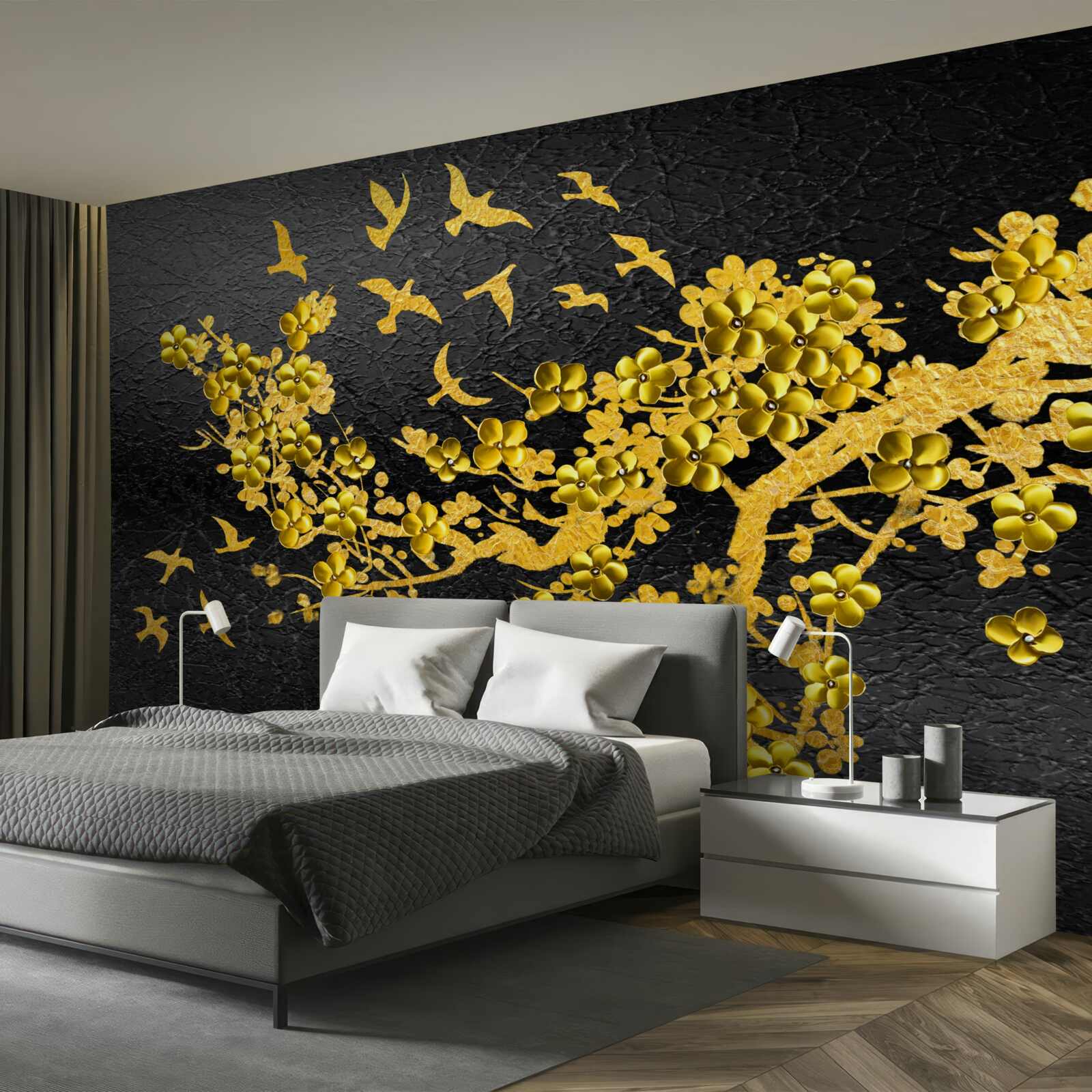 Fotobehang kleine gele bloemen en vogels