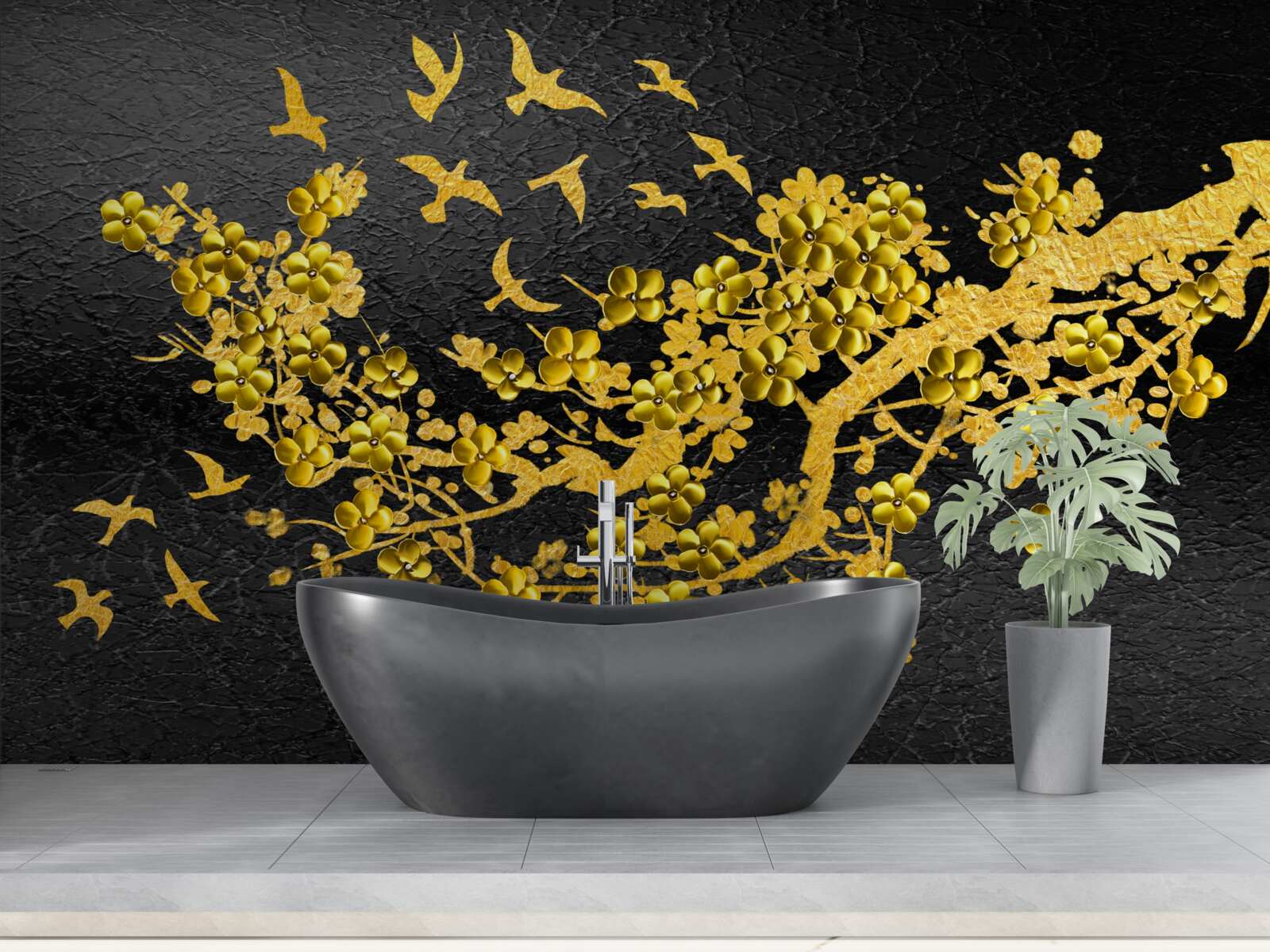 Fotobehang kleine gele bloemen en vogels