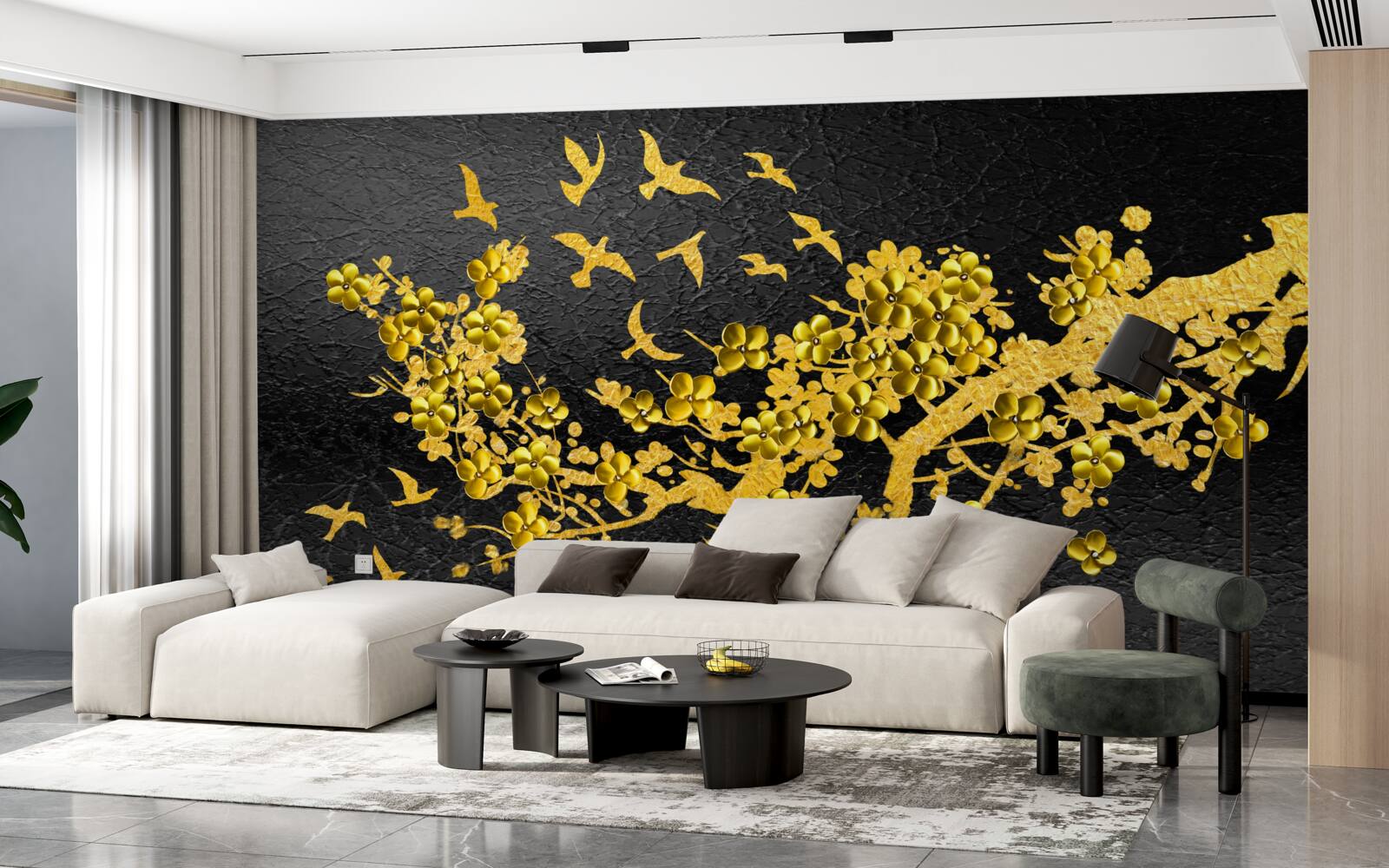 Fotobehang kleine gele bloemen en vogels