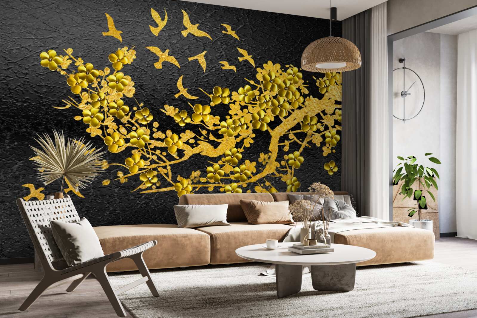 Fotobehang kleine gele bloemen en vogels