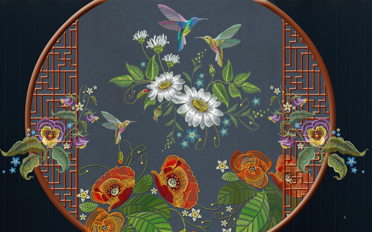 Fotobehang paneel met bloemen en kolibries