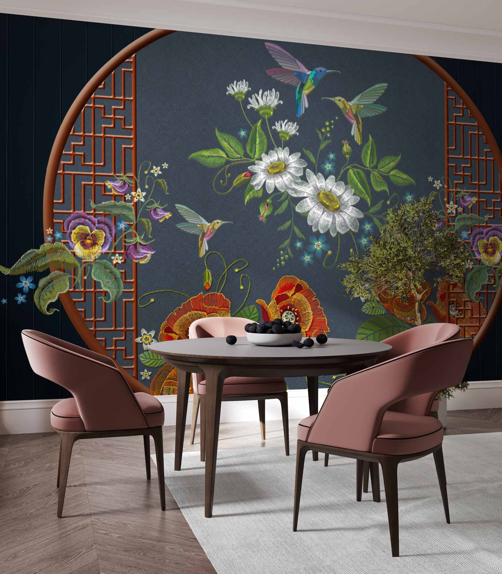 Fotobehang paneel met bloemen en kolibries