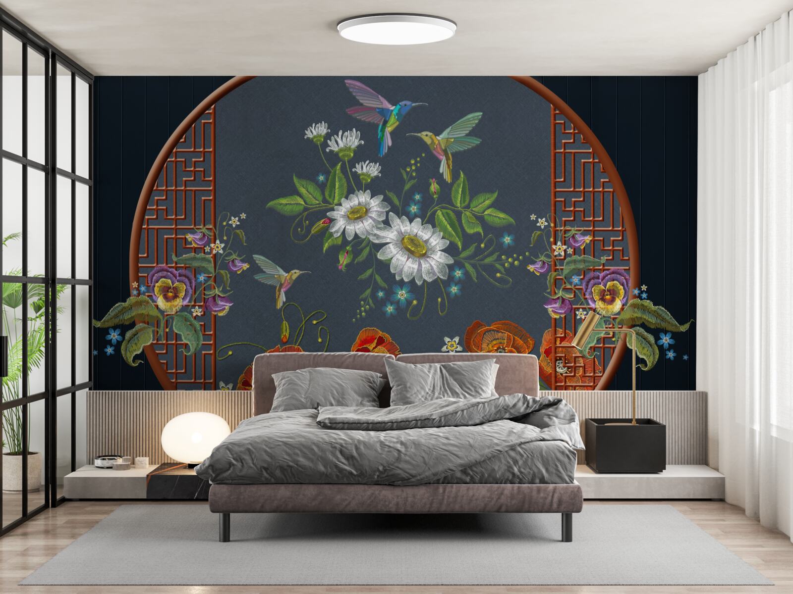 Fotobehang paneel met bloemen en kolibries