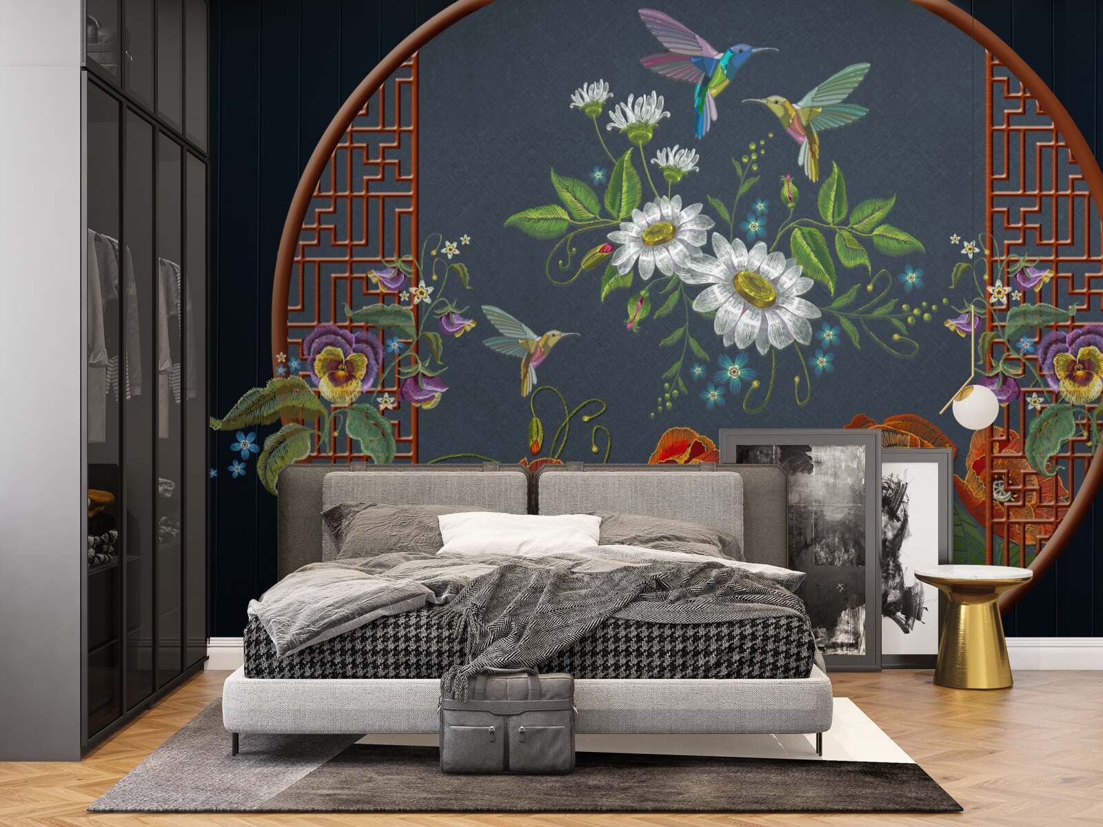 Fotobehang paneel met bloemen en kolibries