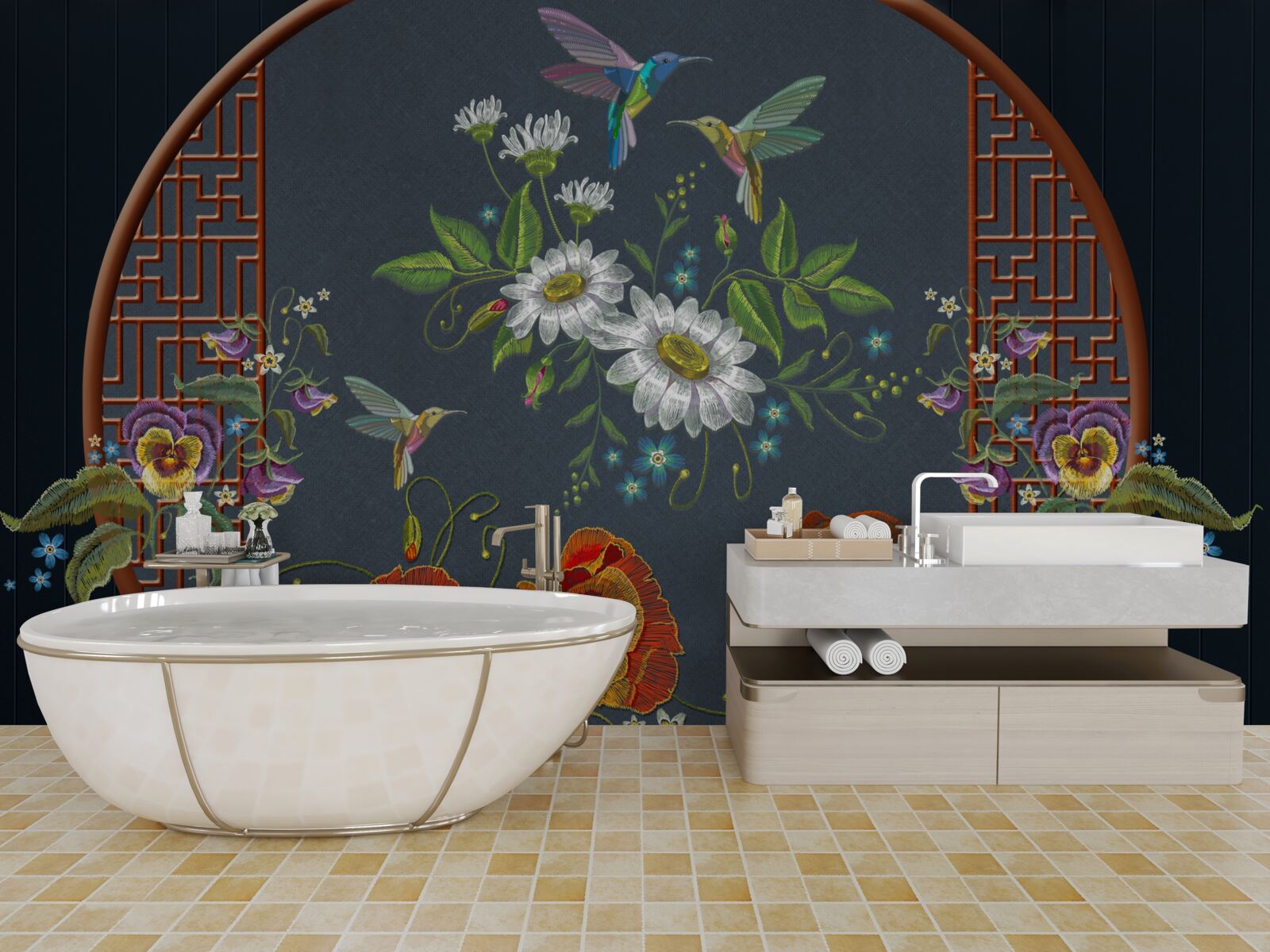 Fotobehang paneel met bloemen en kolibries