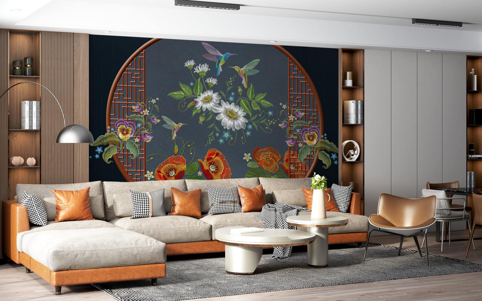 Fotobehang paneel met bloemen en kolibries