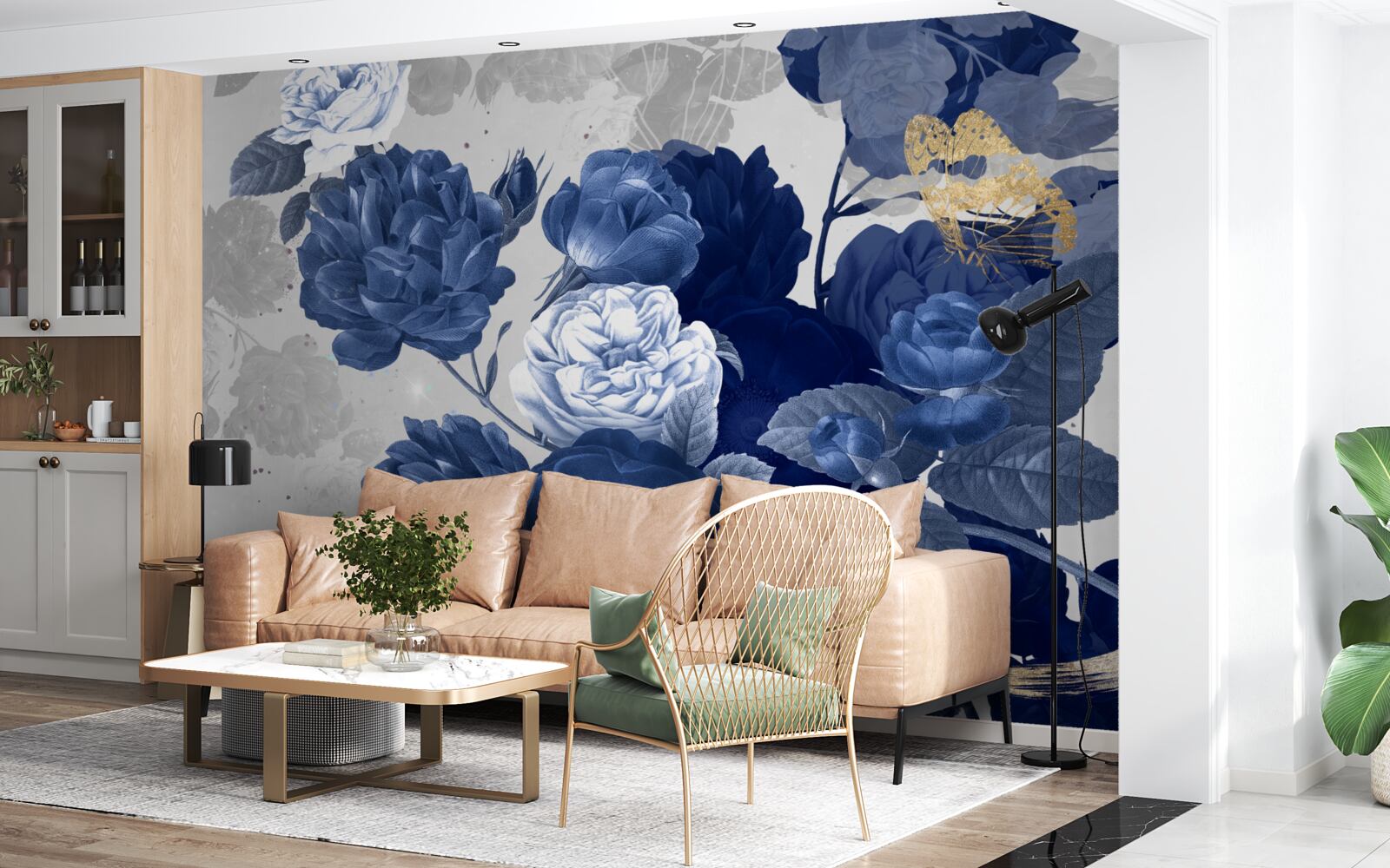 Fotobehang blauwe bloemen in vintage stijl