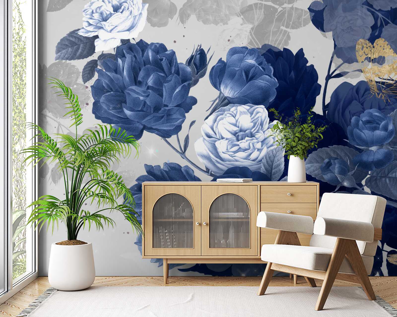 Fotobehang blauwe bloemen in vintage stijl