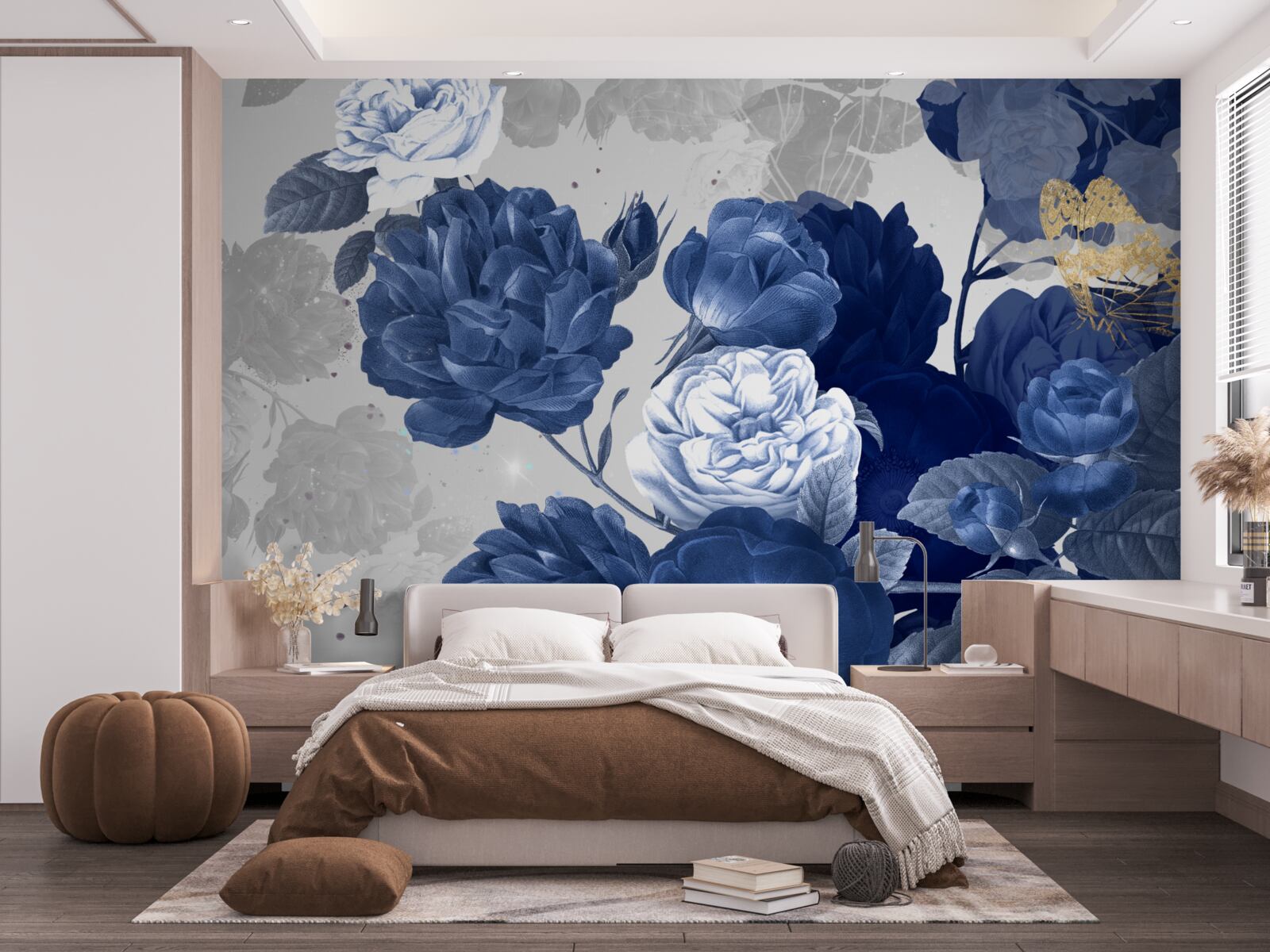 Fotobehang blauwe bloemen in vintage stijl