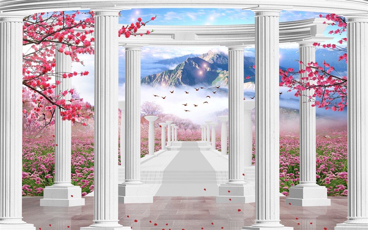 Fotobehang witte gazebo tegen een achtergrond van zonsondergang, versierd met kersenbloesems