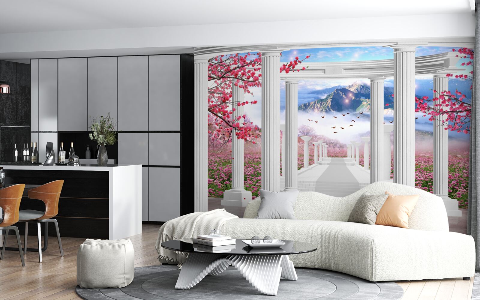 Fotobehang witte gazebo tegen een achtergrond van zonsondergang, versierd met kersenbloesems