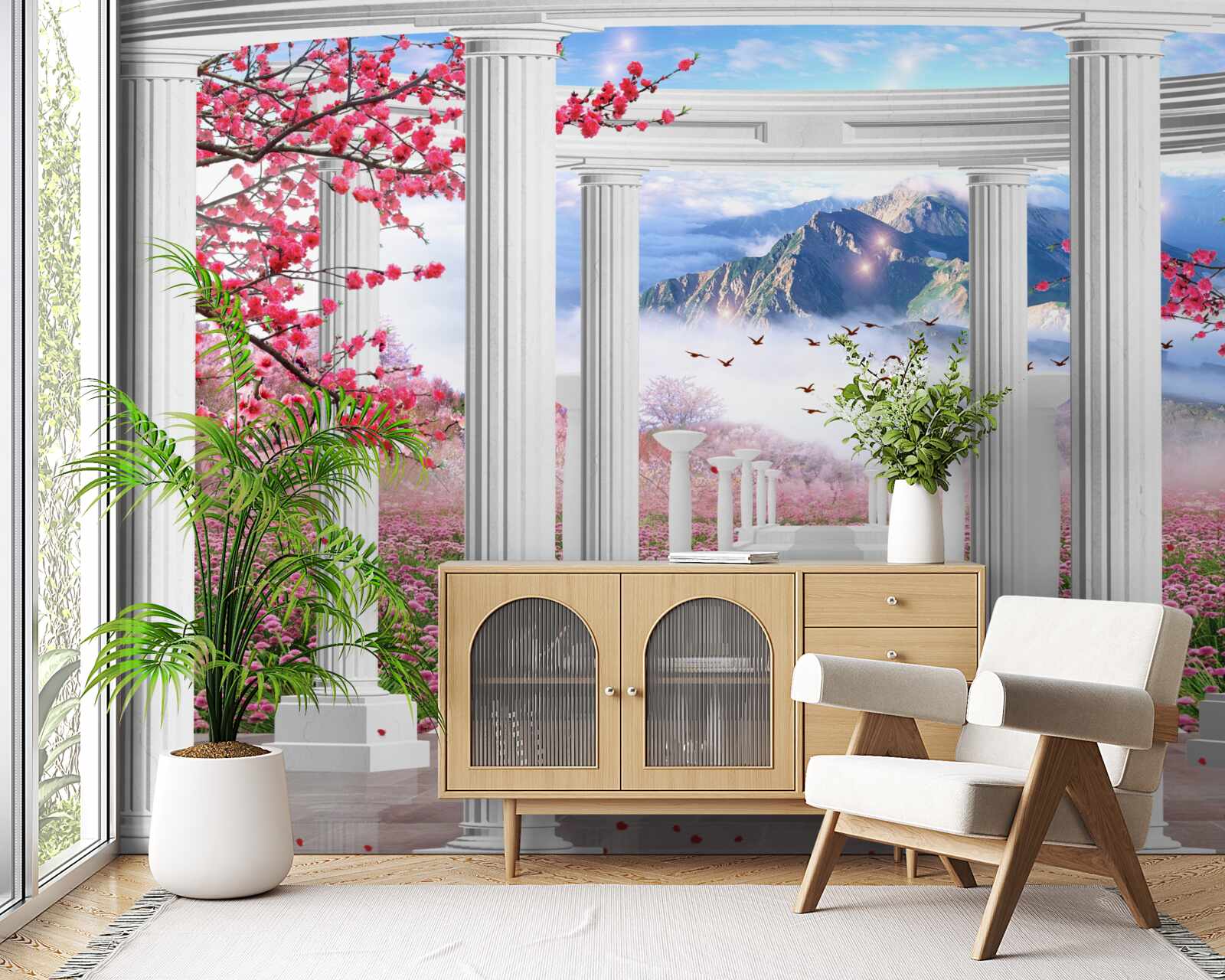 Fotobehang witte gazebo tegen een achtergrond van zonsondergang, versierd met kersenbloesems