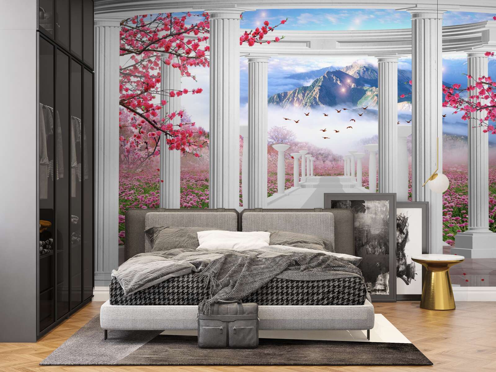 Fotobehang witte gazebo tegen een achtergrond van zonsondergang, versierd met kersenbloesems