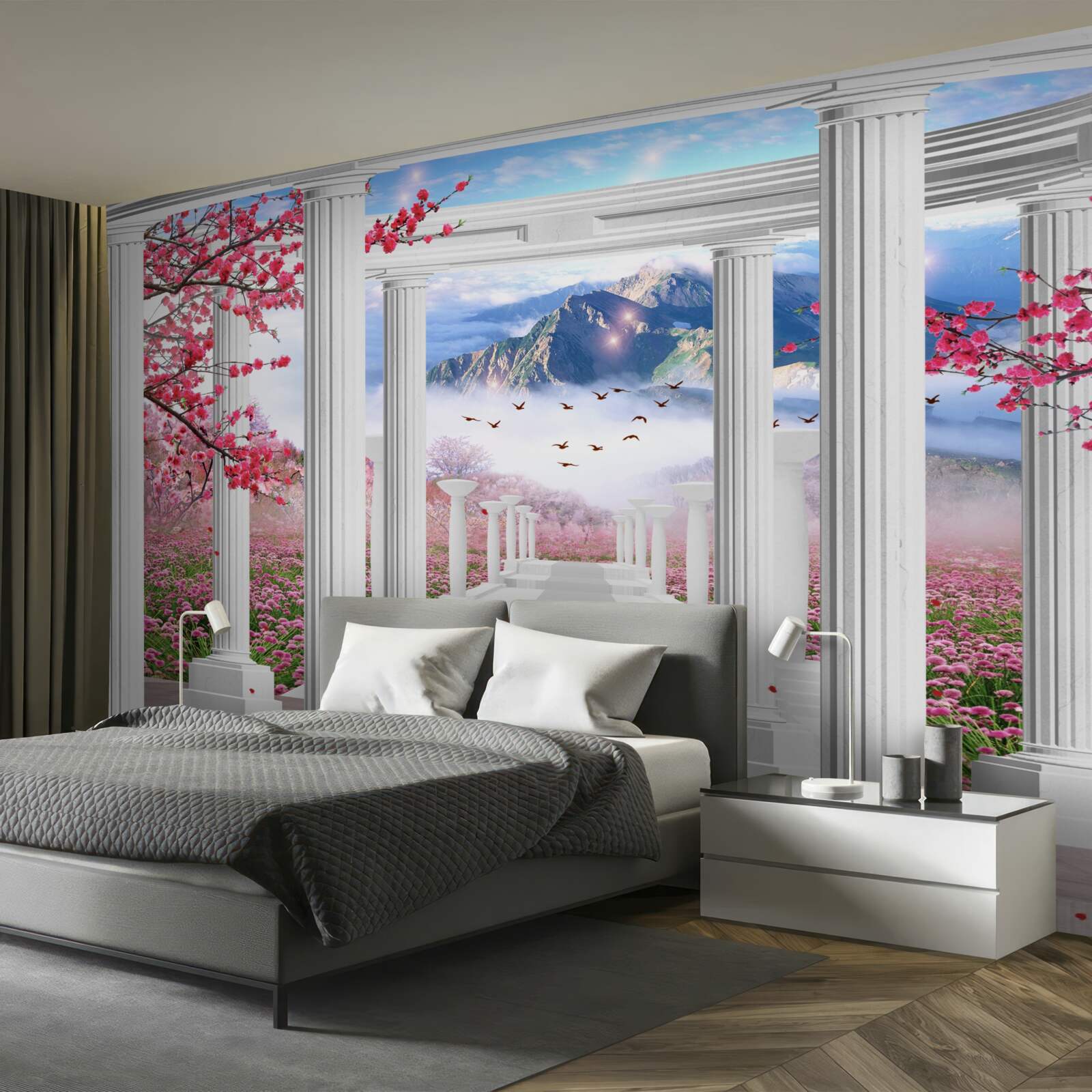 Fotobehang witte gazebo tegen een achtergrond van zonsondergang, versierd met kersenbloesems