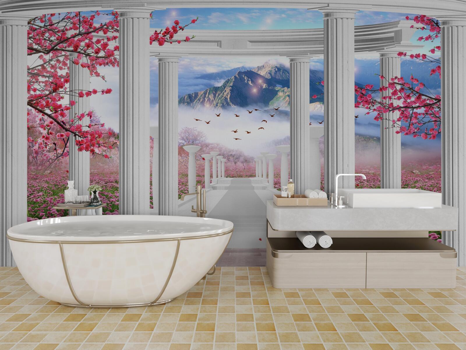 Fotobehang witte gazebo tegen een achtergrond van zonsondergang, versierd met kersenbloesems