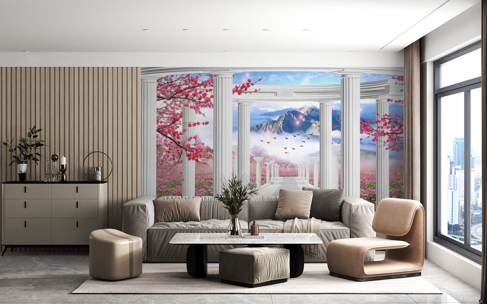 Fotobehang witte gazebo tegen een achtergrond van zonsondergang, versierd met kersenbloesems