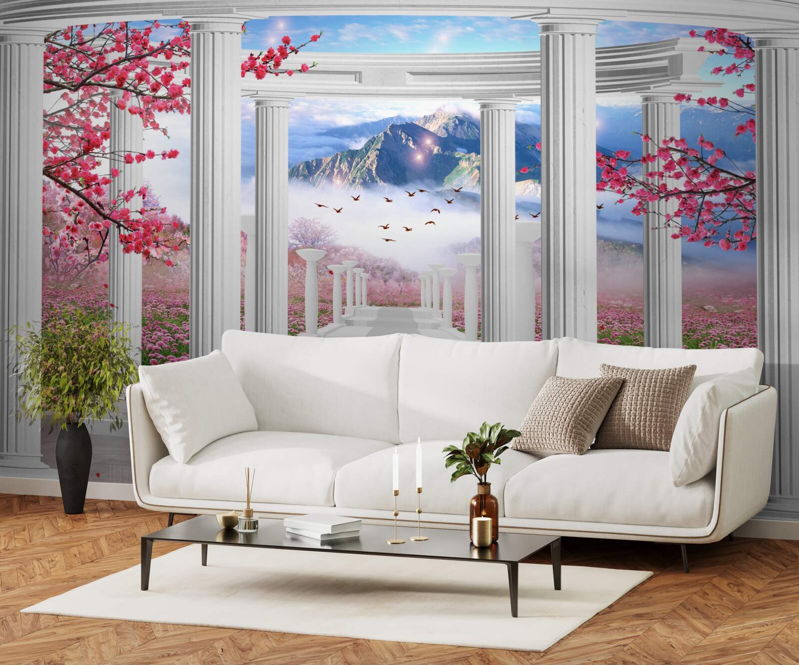 Fotobehang witte gazebo tegen een achtergrond van zonsondergang, versierd met kersenbloesems