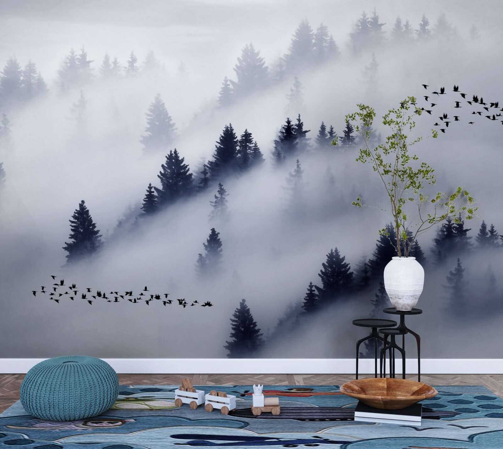 Fotobehang het naaldbos is gehuld in een dichte mist