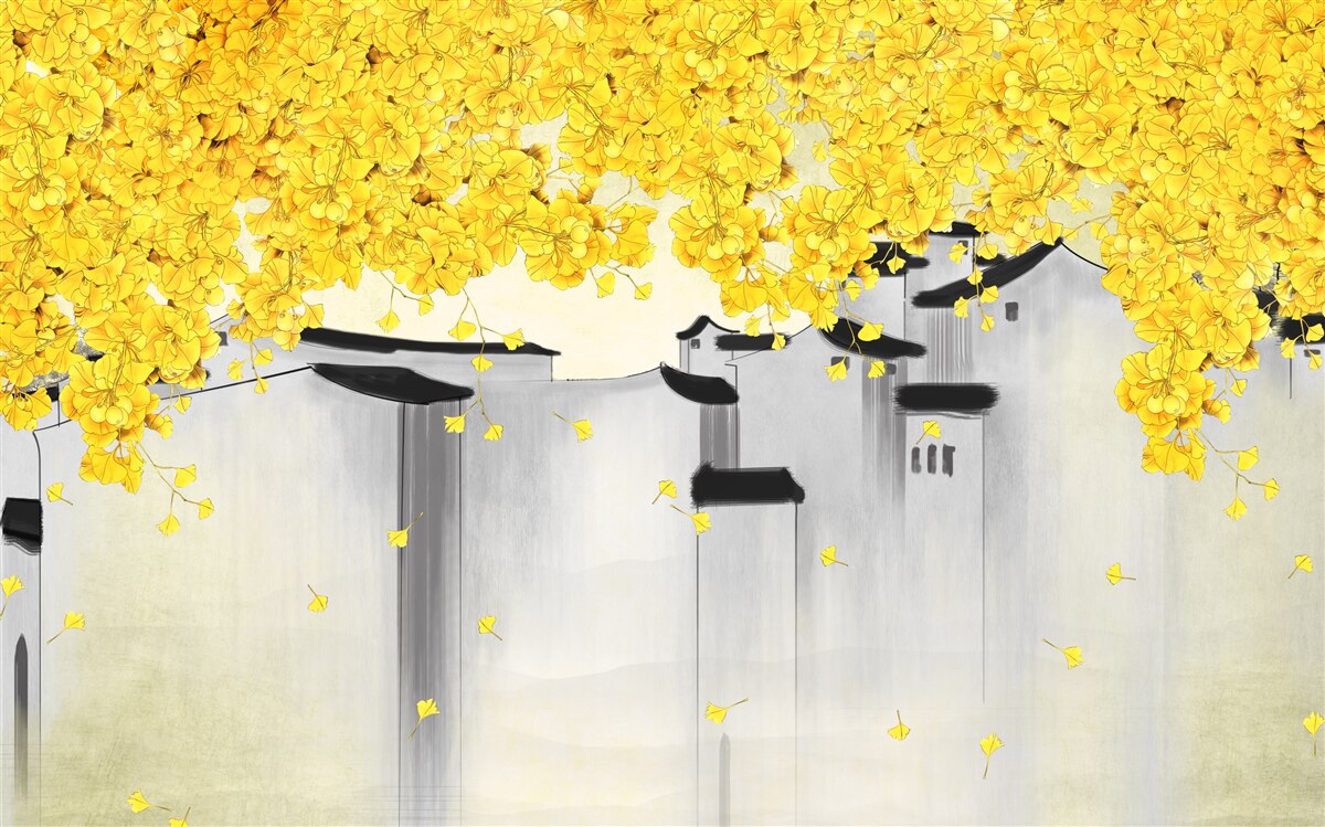 Fotobehang weelderige planten steken boven de daken van gebouwen uit