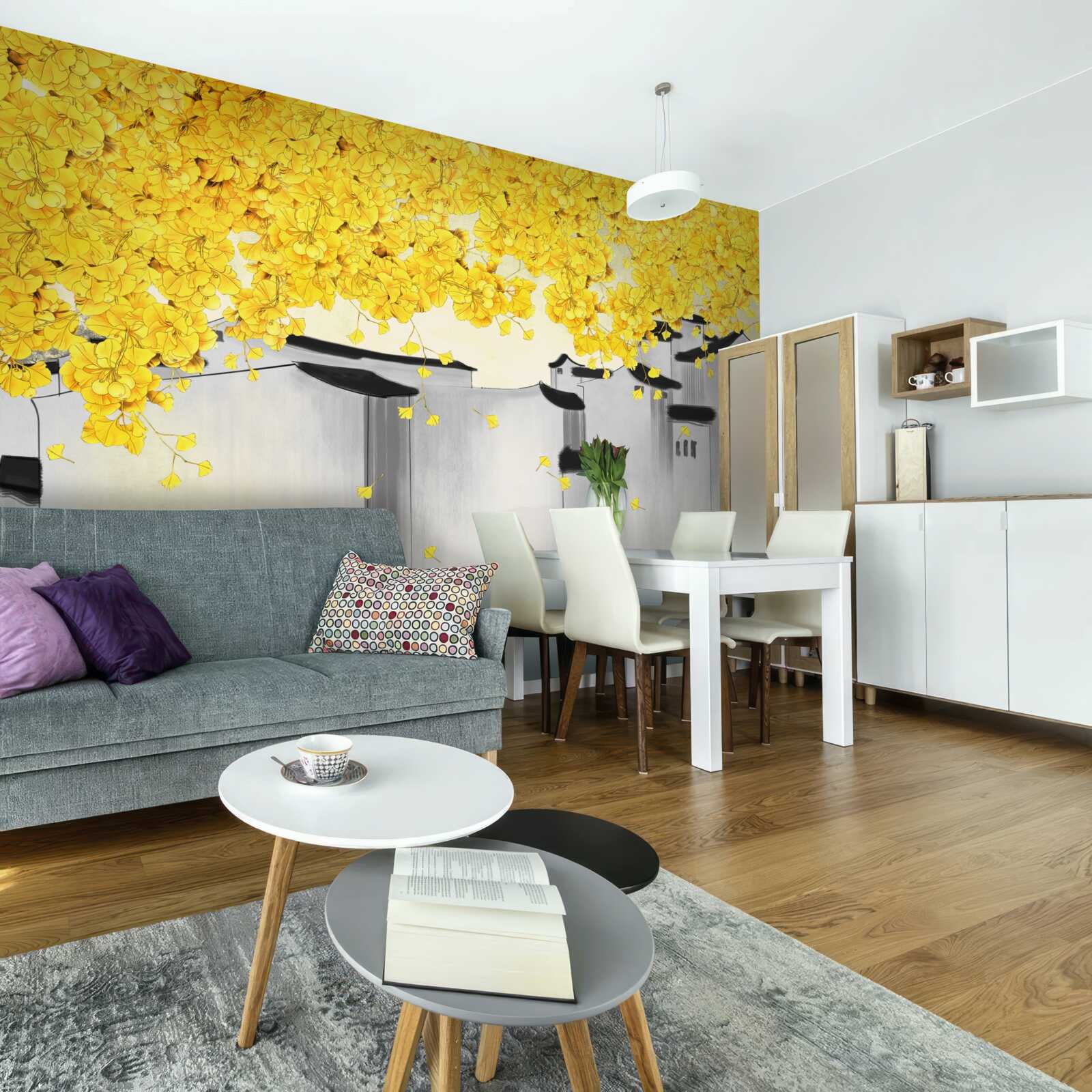 Fotobehang weelderige planten steken boven de daken van gebouwen uit