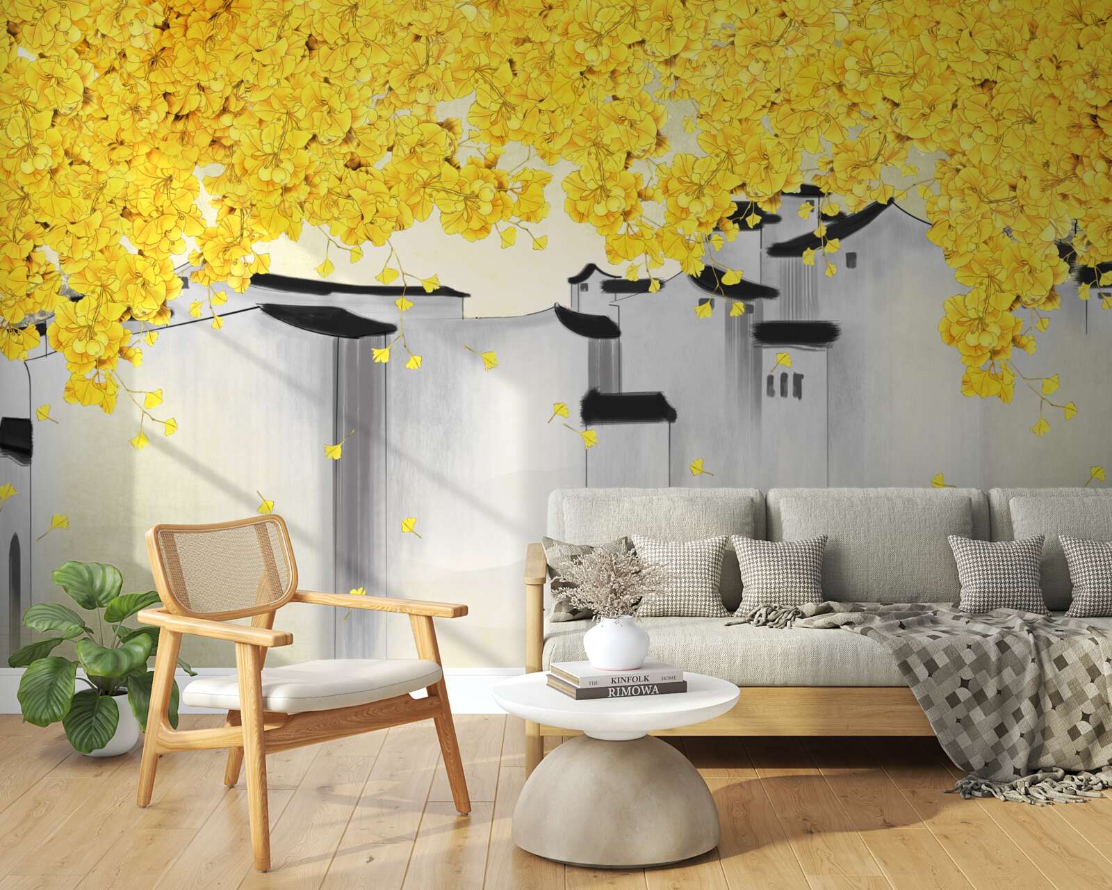 Fotobehang weelderige planten steken boven de daken van gebouwen uit