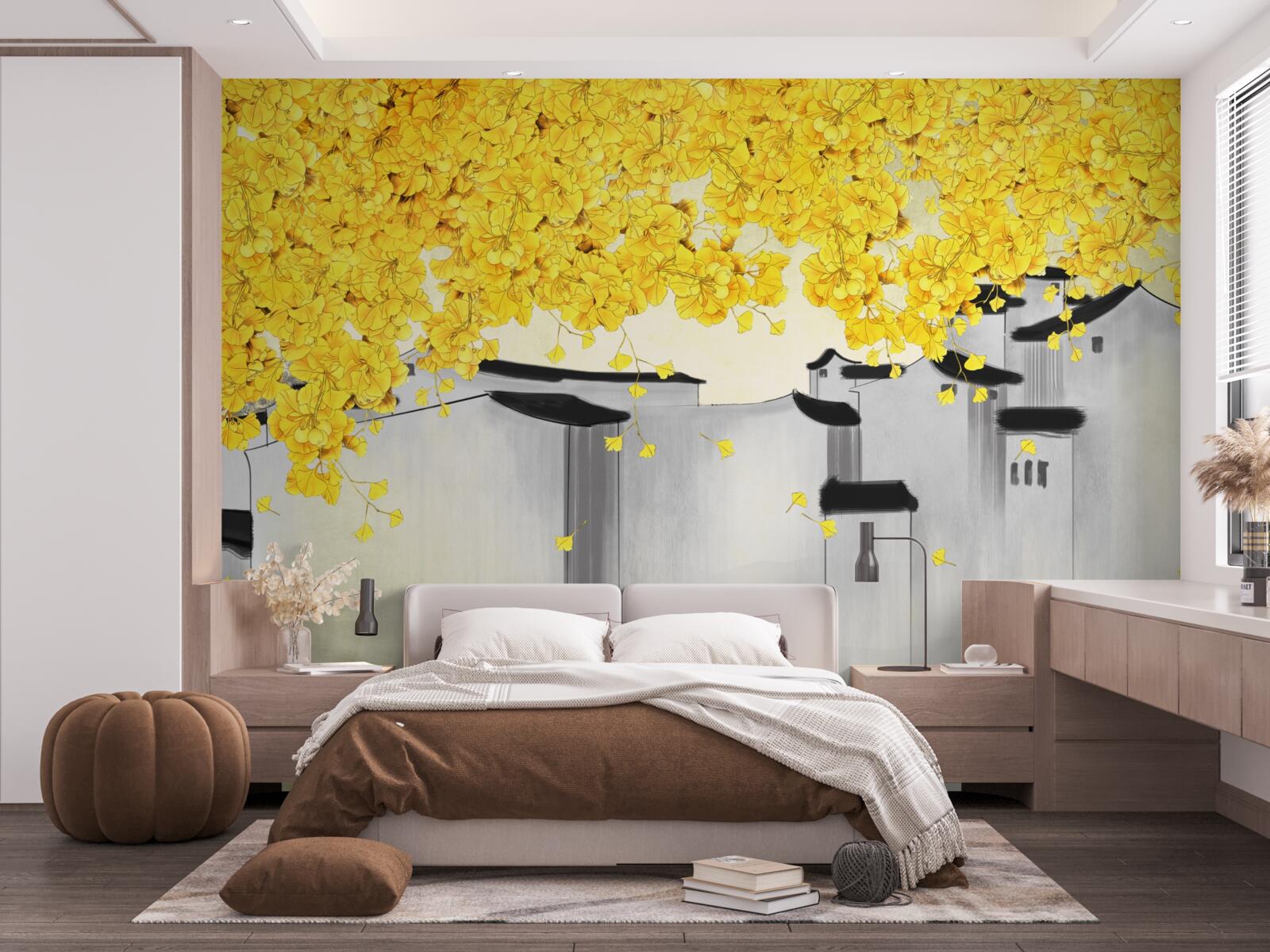 Fotobehang weelderige planten steken boven de daken van gebouwen uit