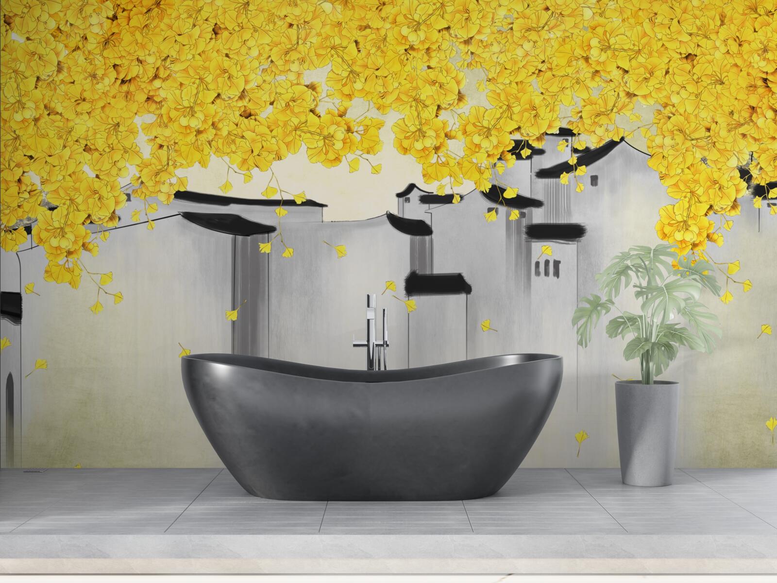 Fotobehang weelderige planten steken boven de daken van gebouwen uit