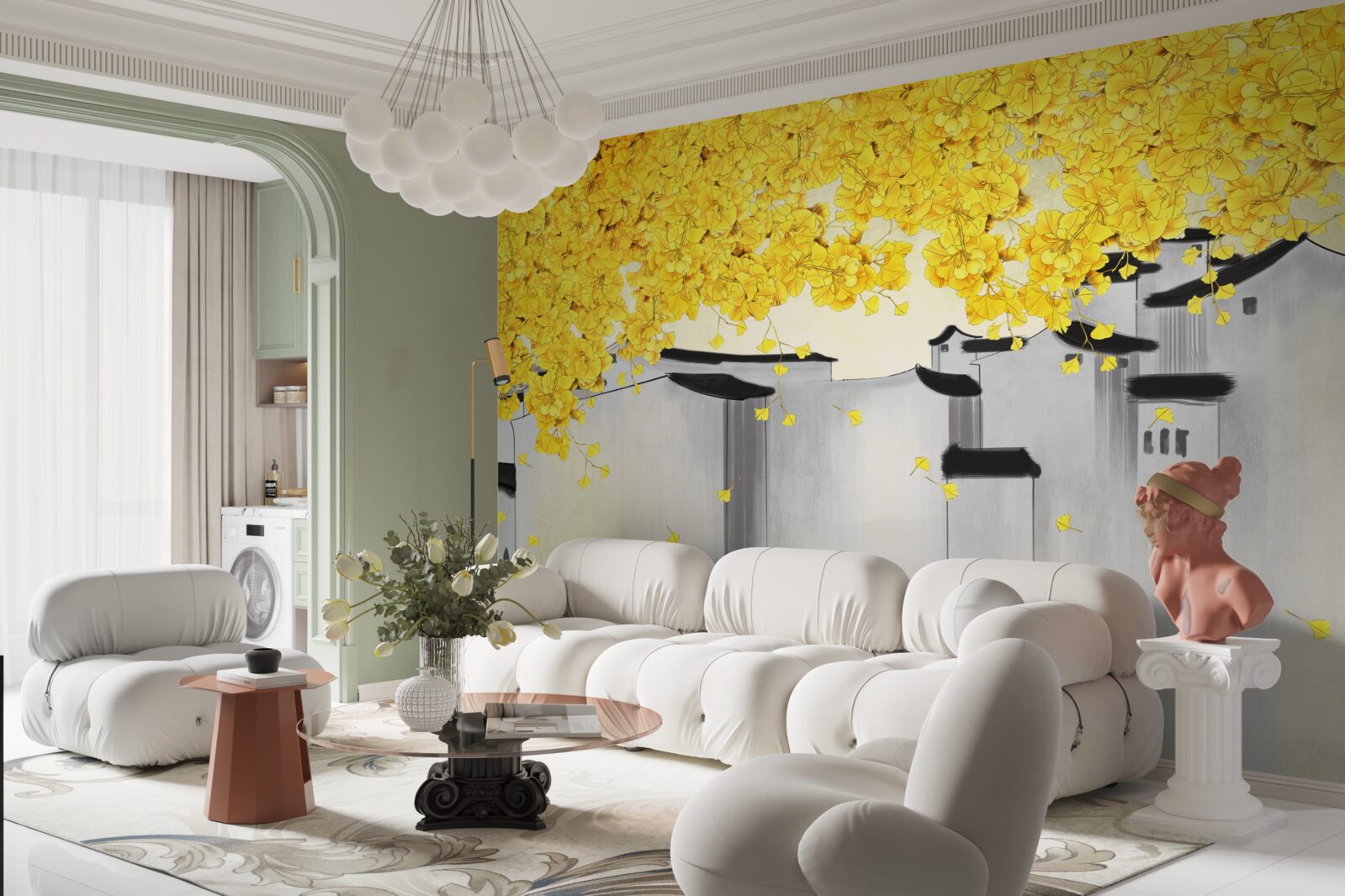 Fotobehang weelderige planten steken boven de daken van gebouwen uit