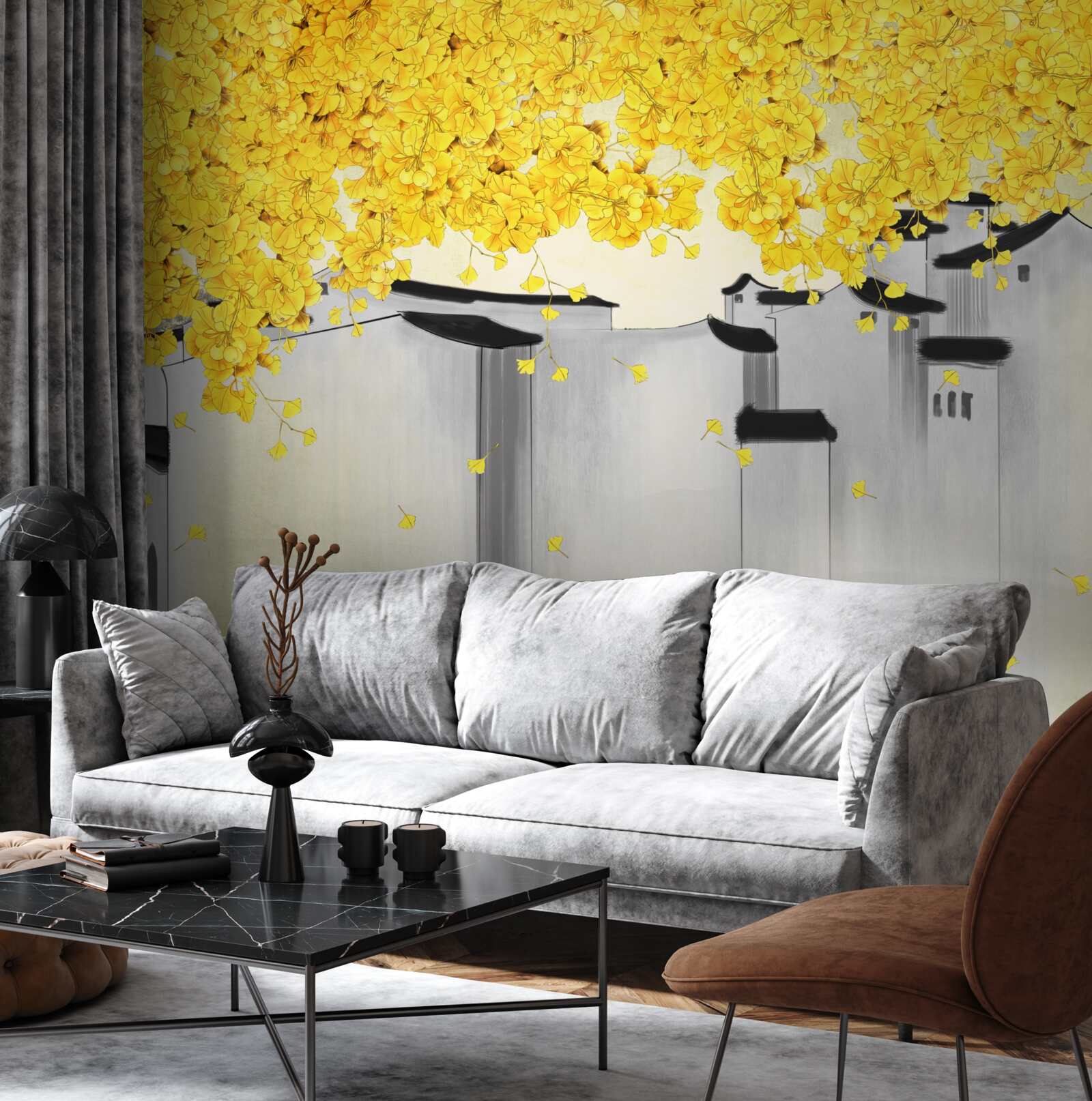 Fotobehang weelderige planten steken boven de daken van gebouwen uit