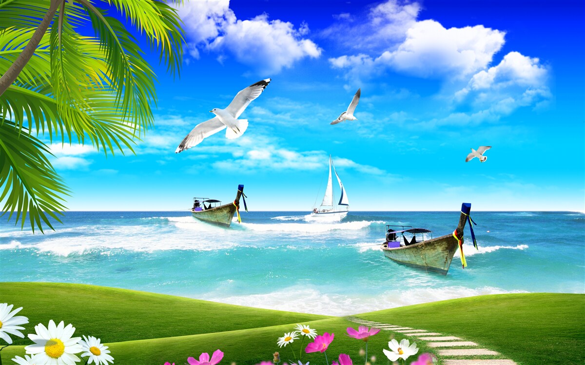 Fotobehang schepen aan de groene kustlijn