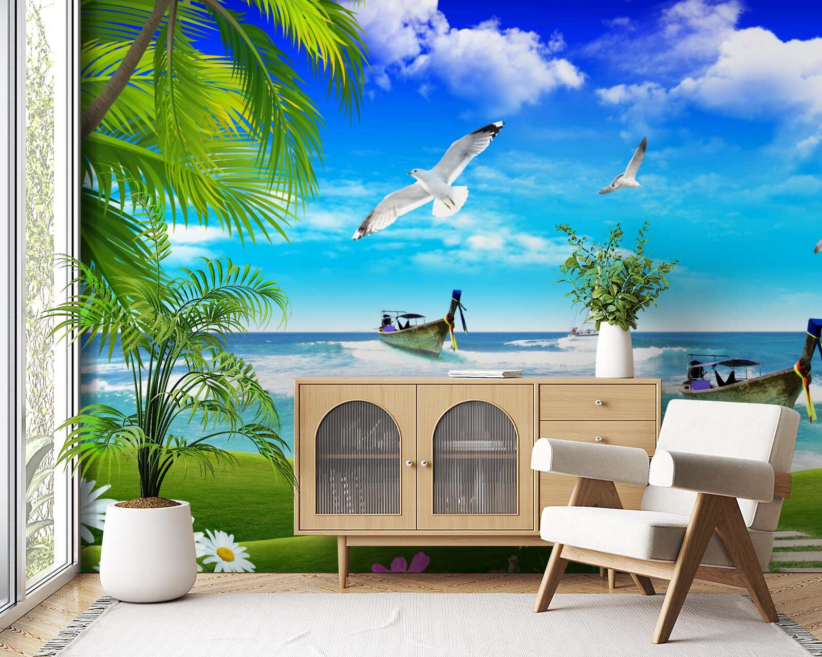 Fotobehang schepen aan de groene kustlijn