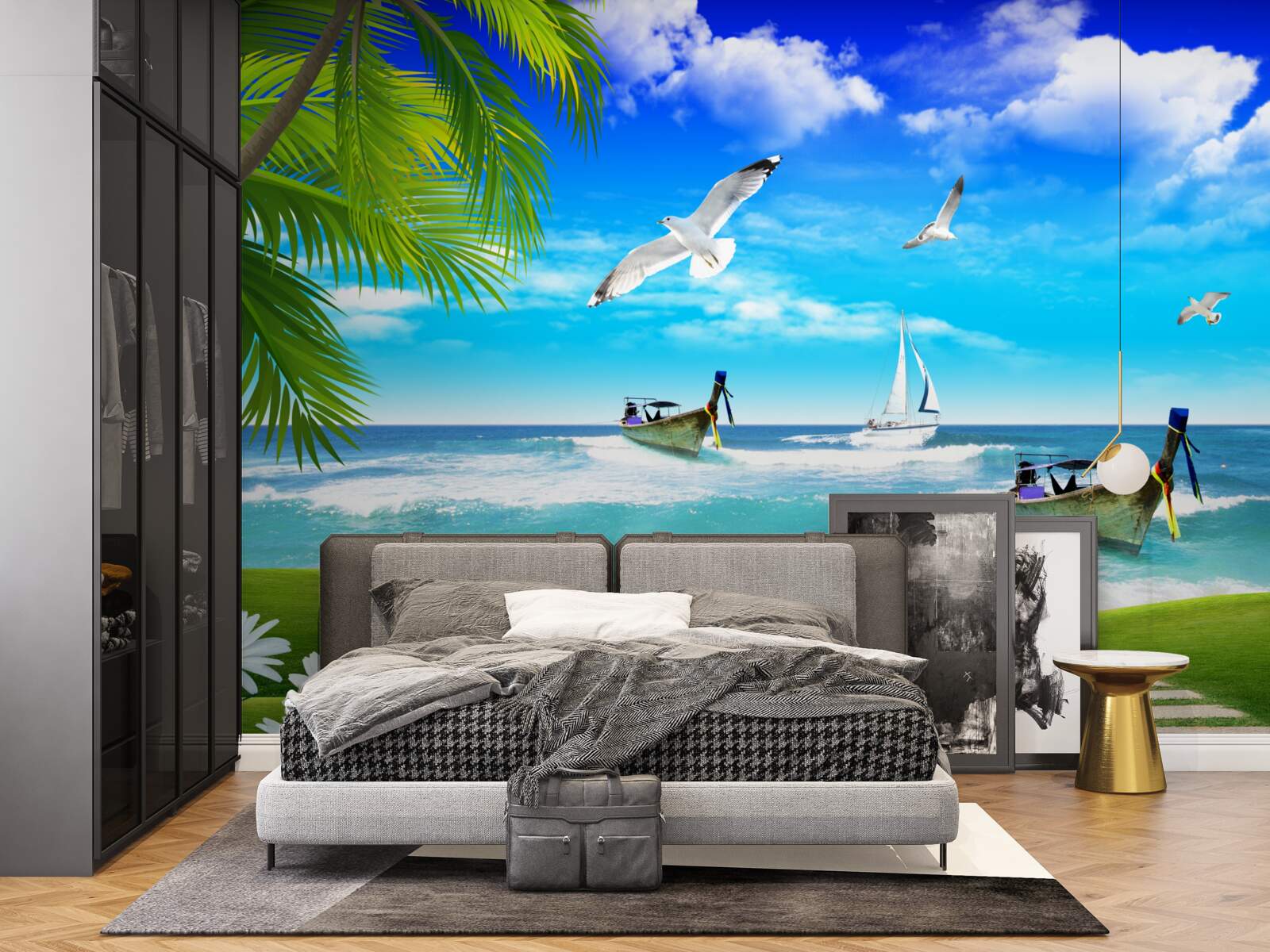 Fotobehang schepen aan de groene kustlijn