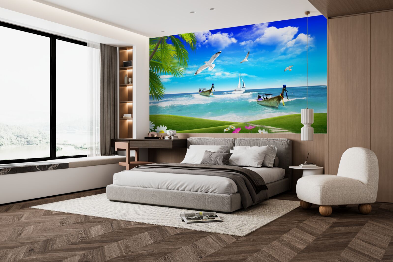 Fotobehang schepen aan de groene kustlijn