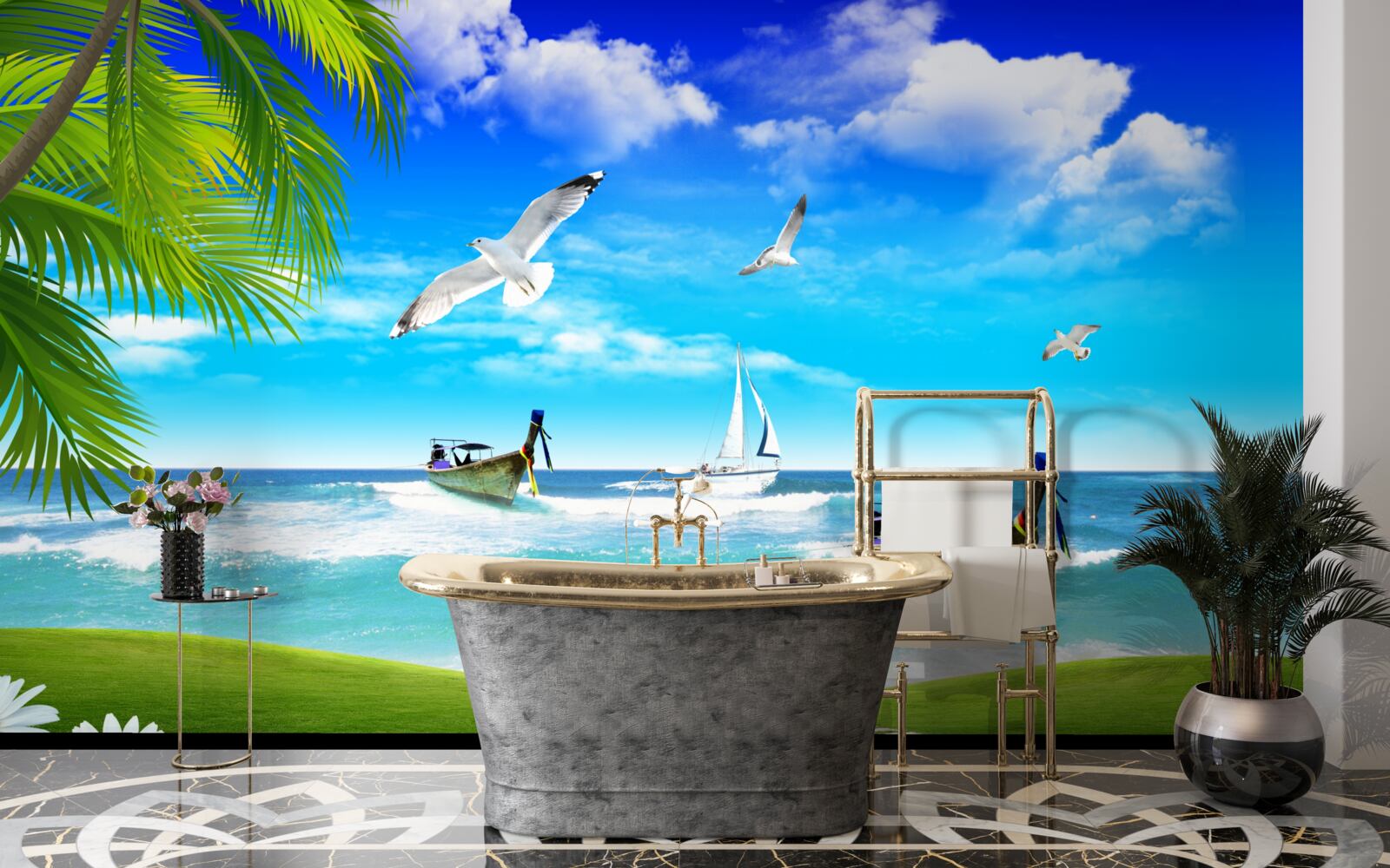 Fotobehang schepen aan de groene kustlijn