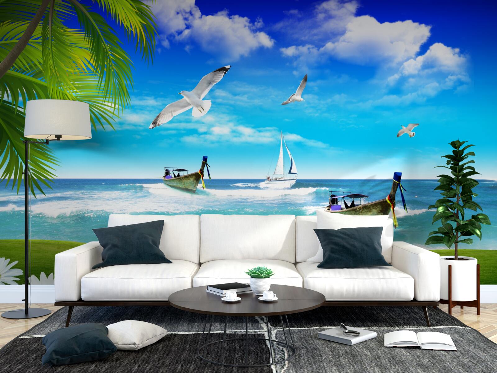 Fotobehang schepen aan de groene kustlijn