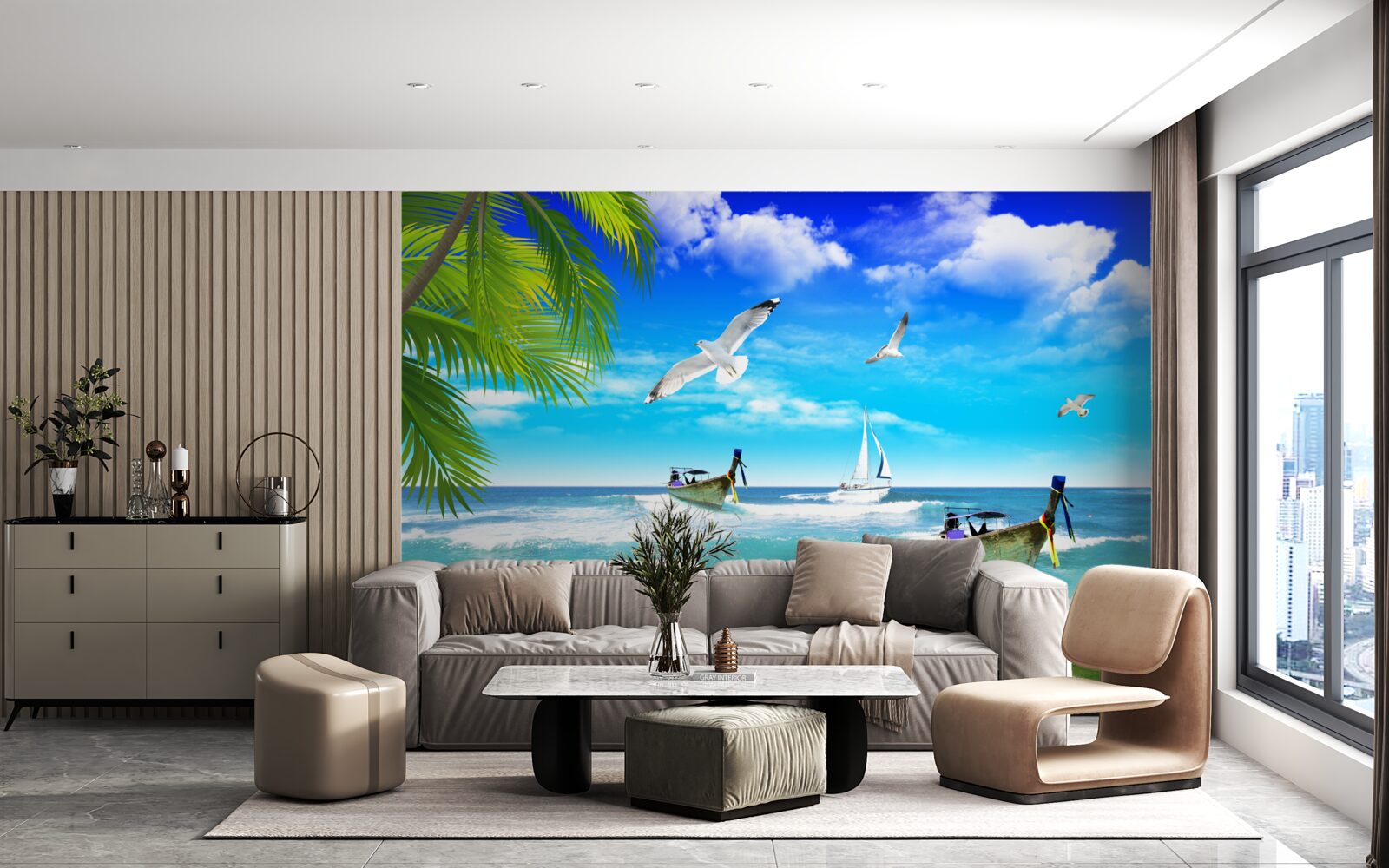 Fotobehang schepen aan de groene kustlijn