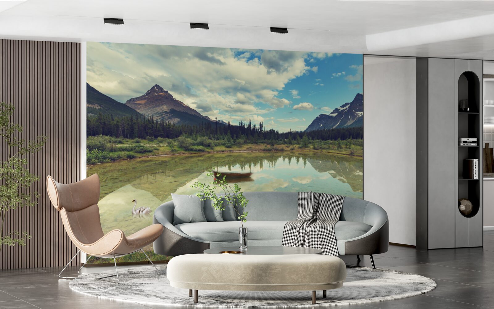 Fotobehang stuwmeer omringd door bergen met rotsachtige toppen