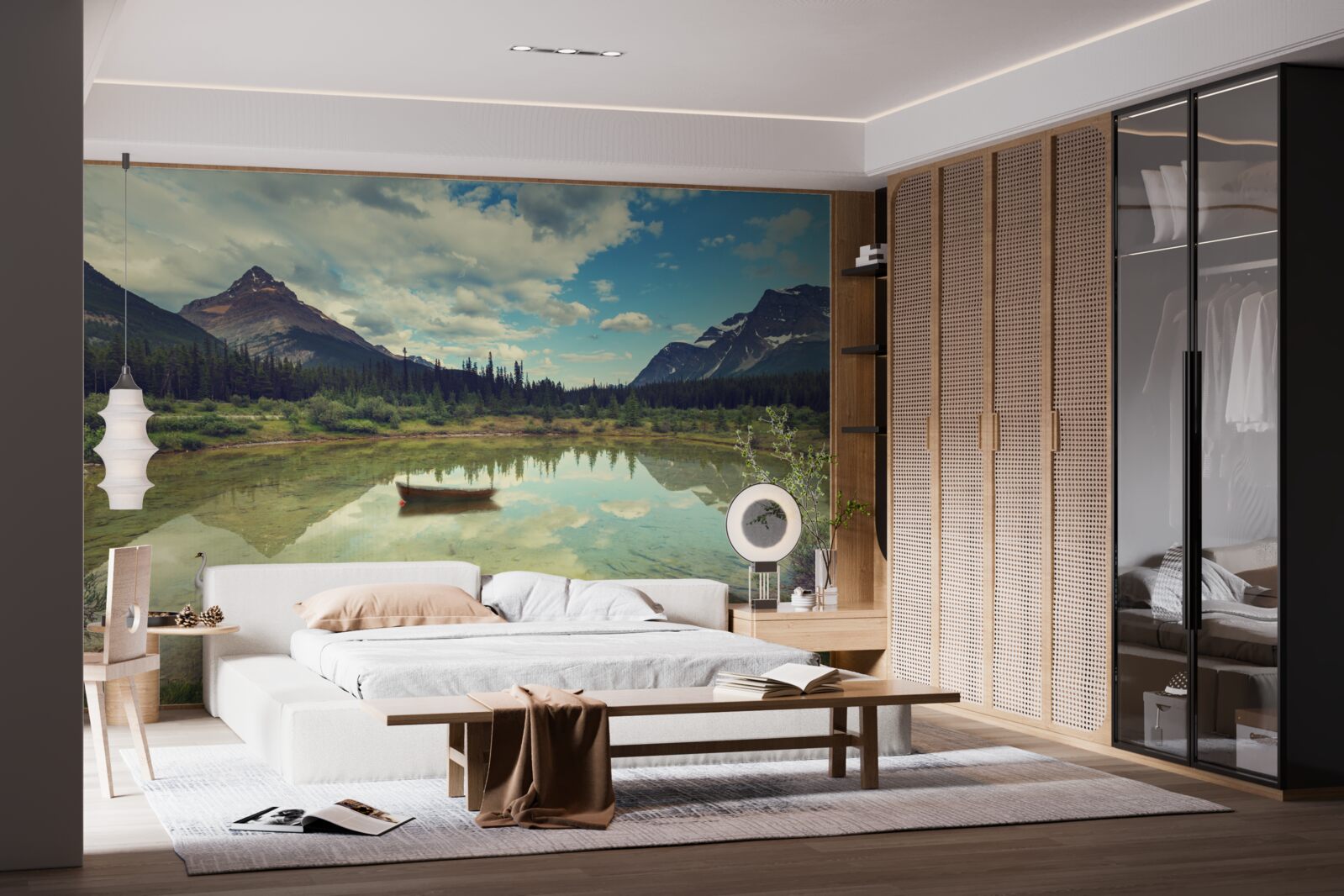 Fotobehang stuwmeer omringd door bergen met rotsachtige toppen