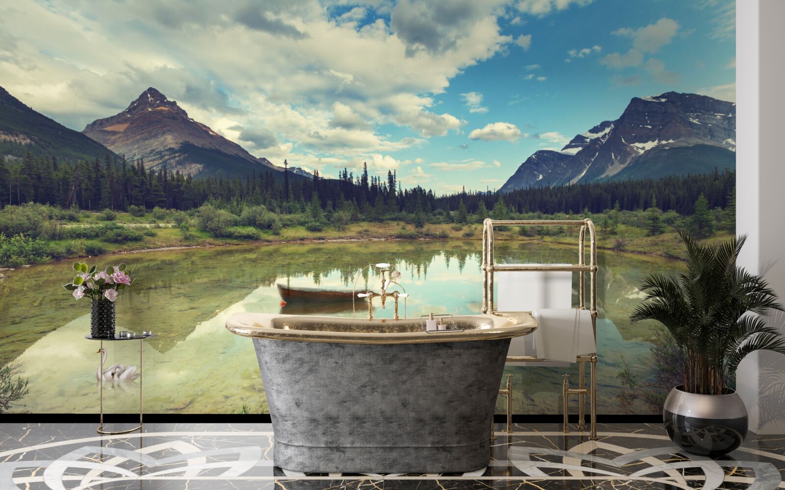 Fotobehang stuwmeer omringd door bergen met rotsachtige toppen