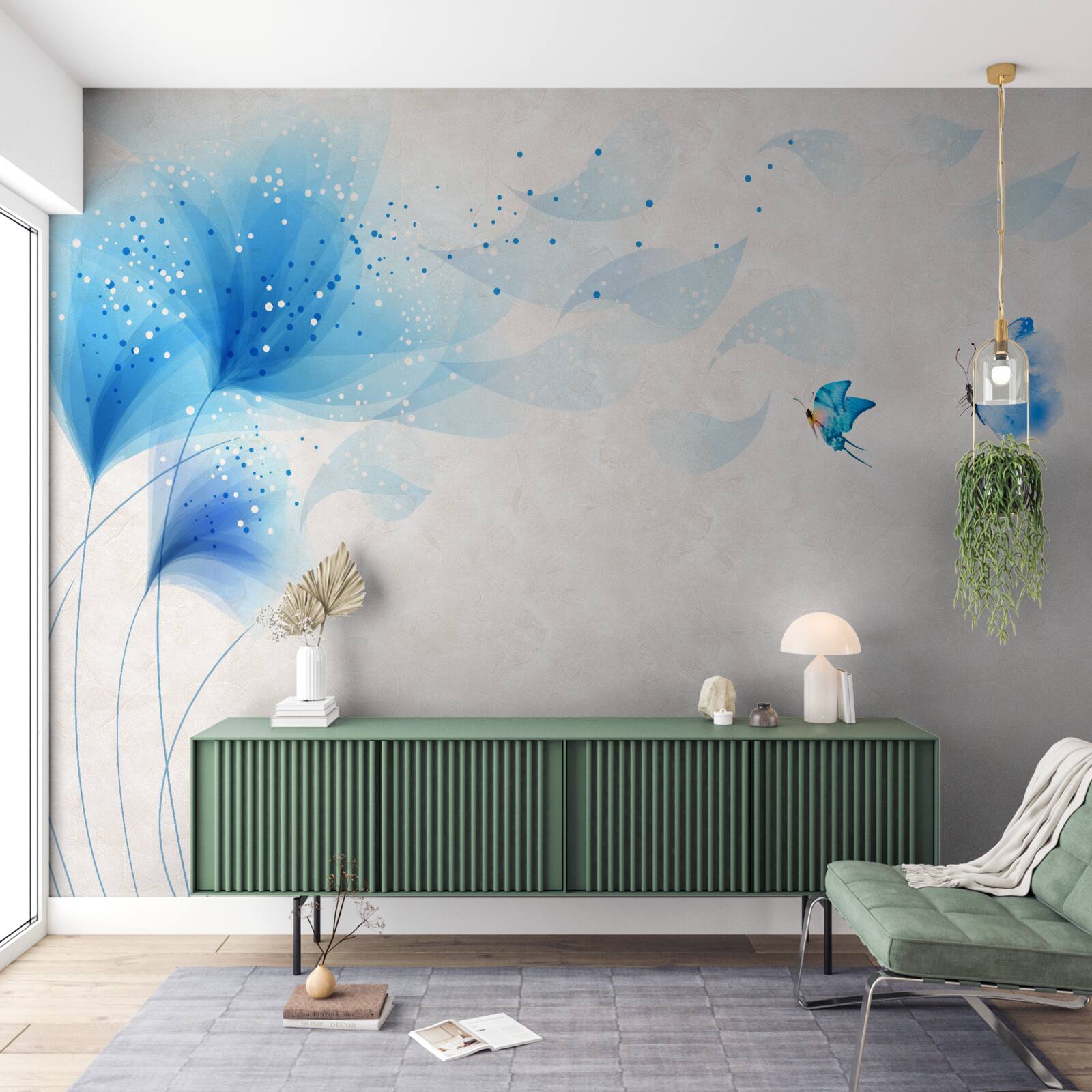 Fotobehang vector stijl lelies en blauwe motten