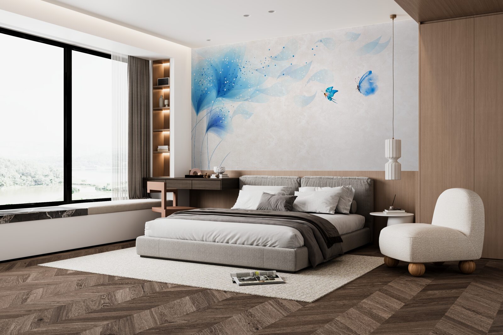 Fotobehang vector stijl lelies en blauwe motten