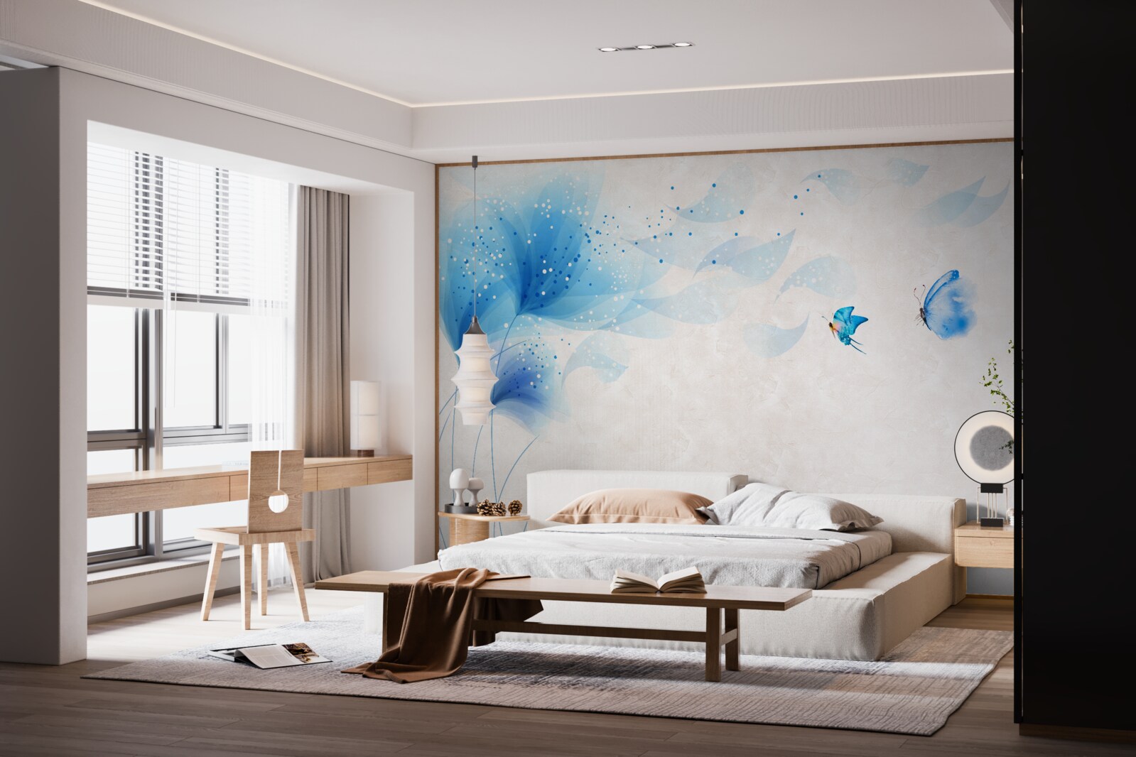 Fotobehang vector stijl lelies en blauwe motten