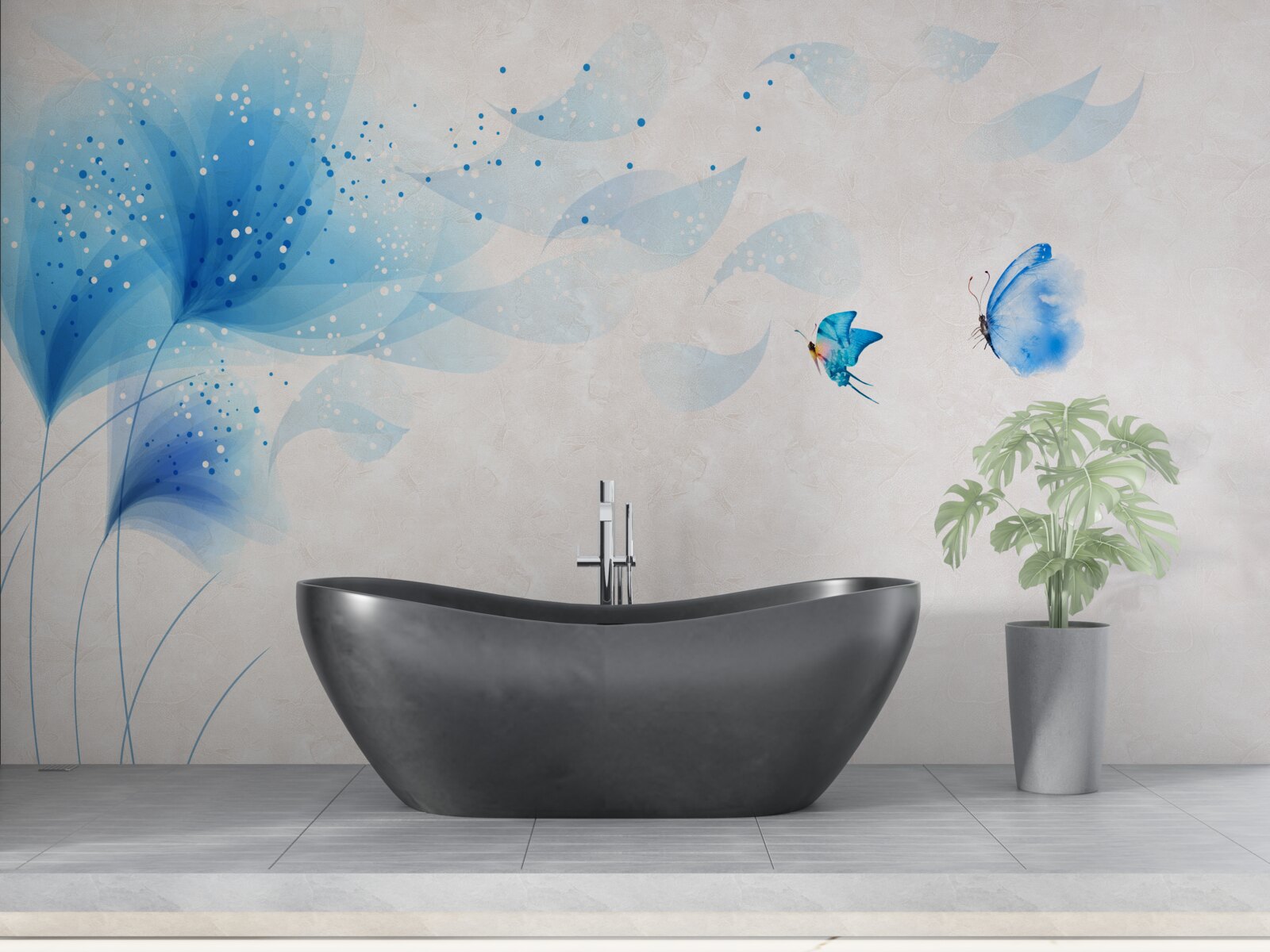 Fotobehang vector stijl lelies en blauwe motten