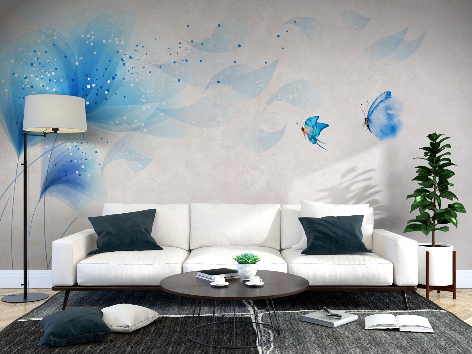 Fotobehang vector stijl lelies en blauwe motten