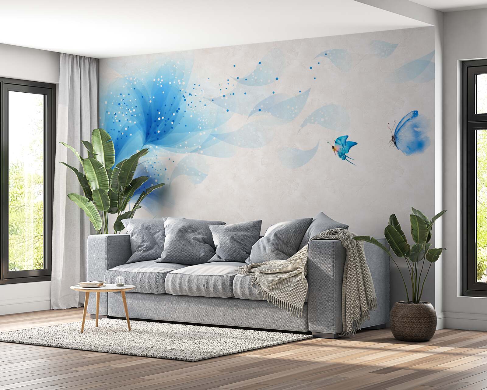 Fotobehang vector stijl lelies en blauwe motten