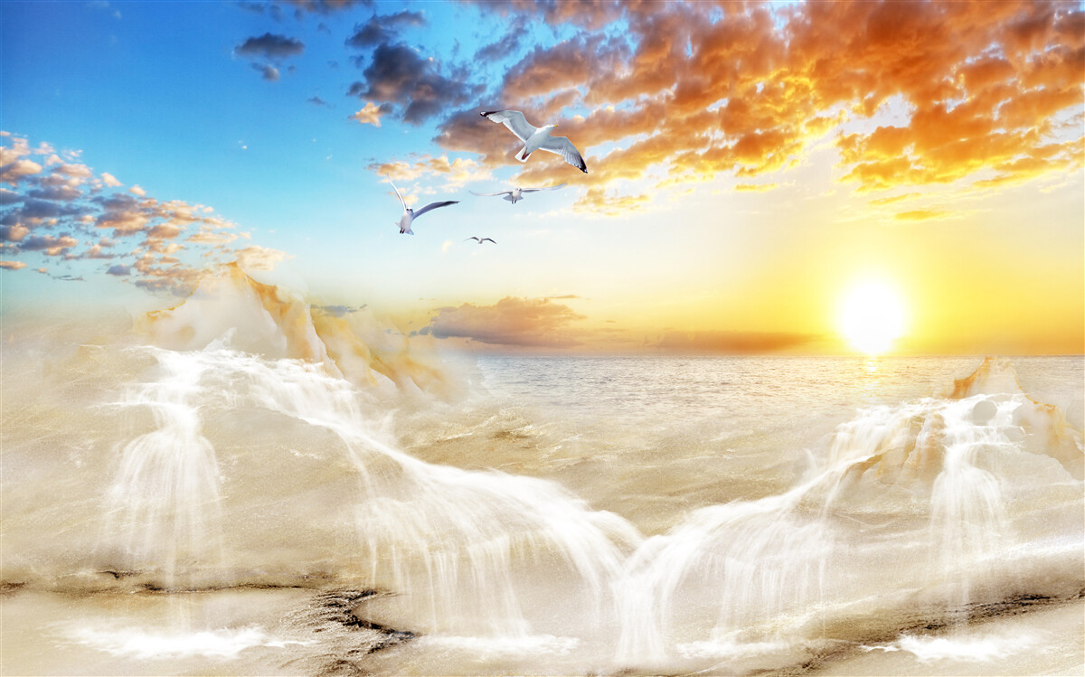 Fotobehang zonsondergang over zee met meeuwen