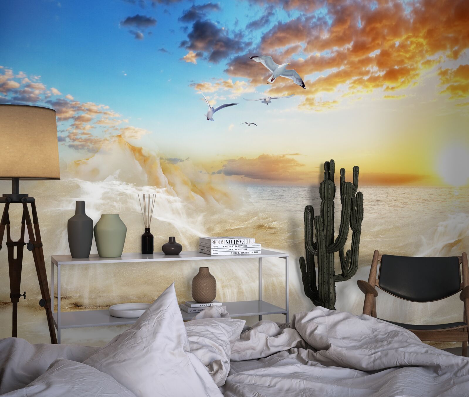 Fotobehang zonsondergang over zee met meeuwen