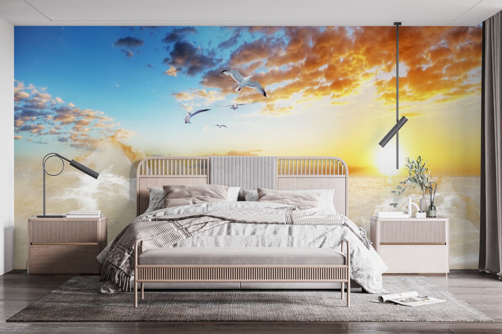 Fotobehang zonsondergang over zee met meeuwen