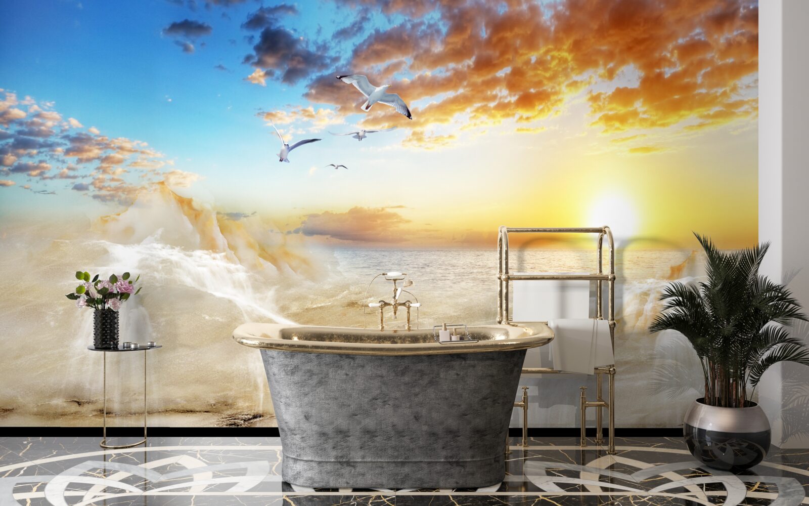 Fotobehang zonsondergang over zee met meeuwen