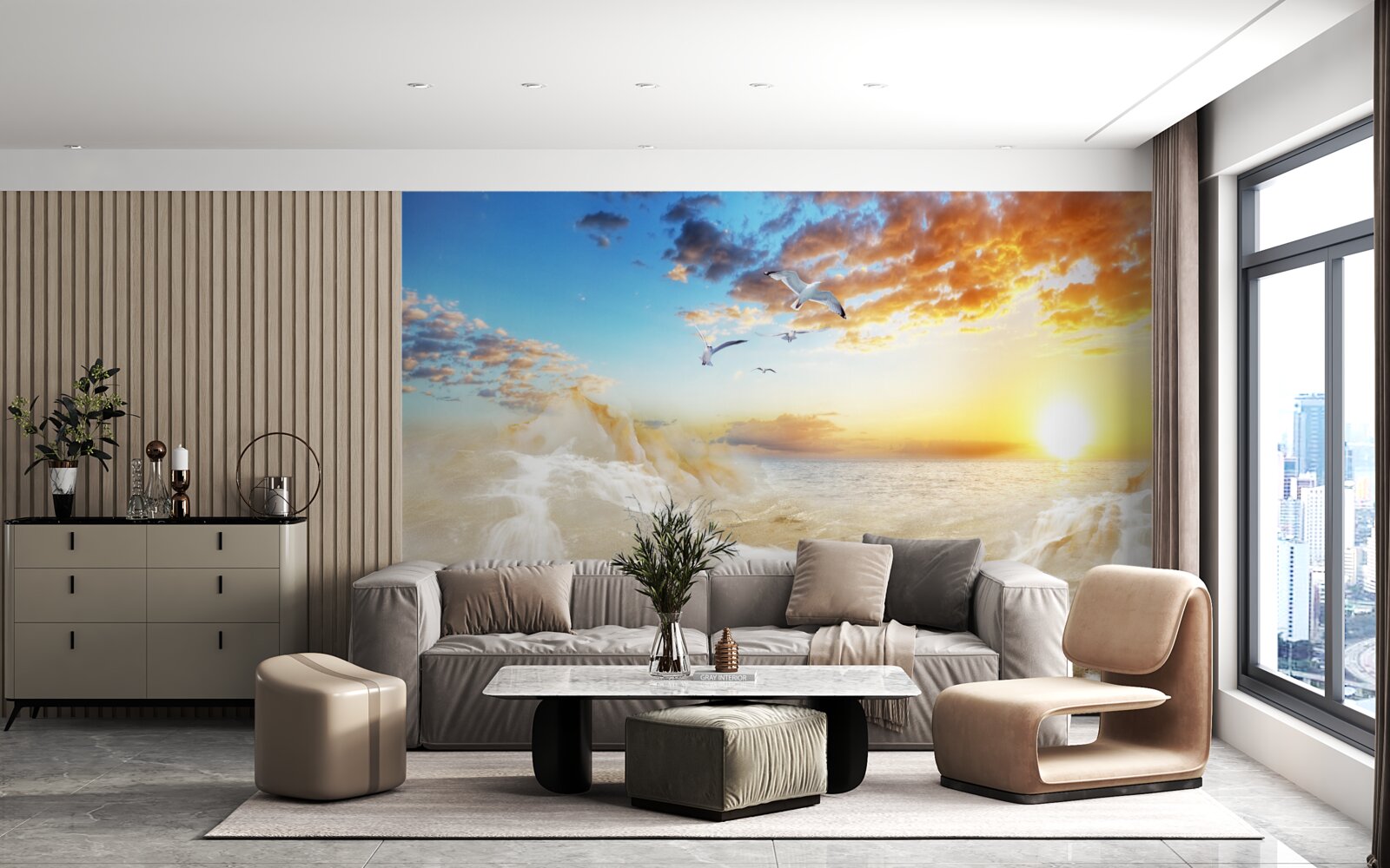 Fotobehang zonsondergang over zee met meeuwen